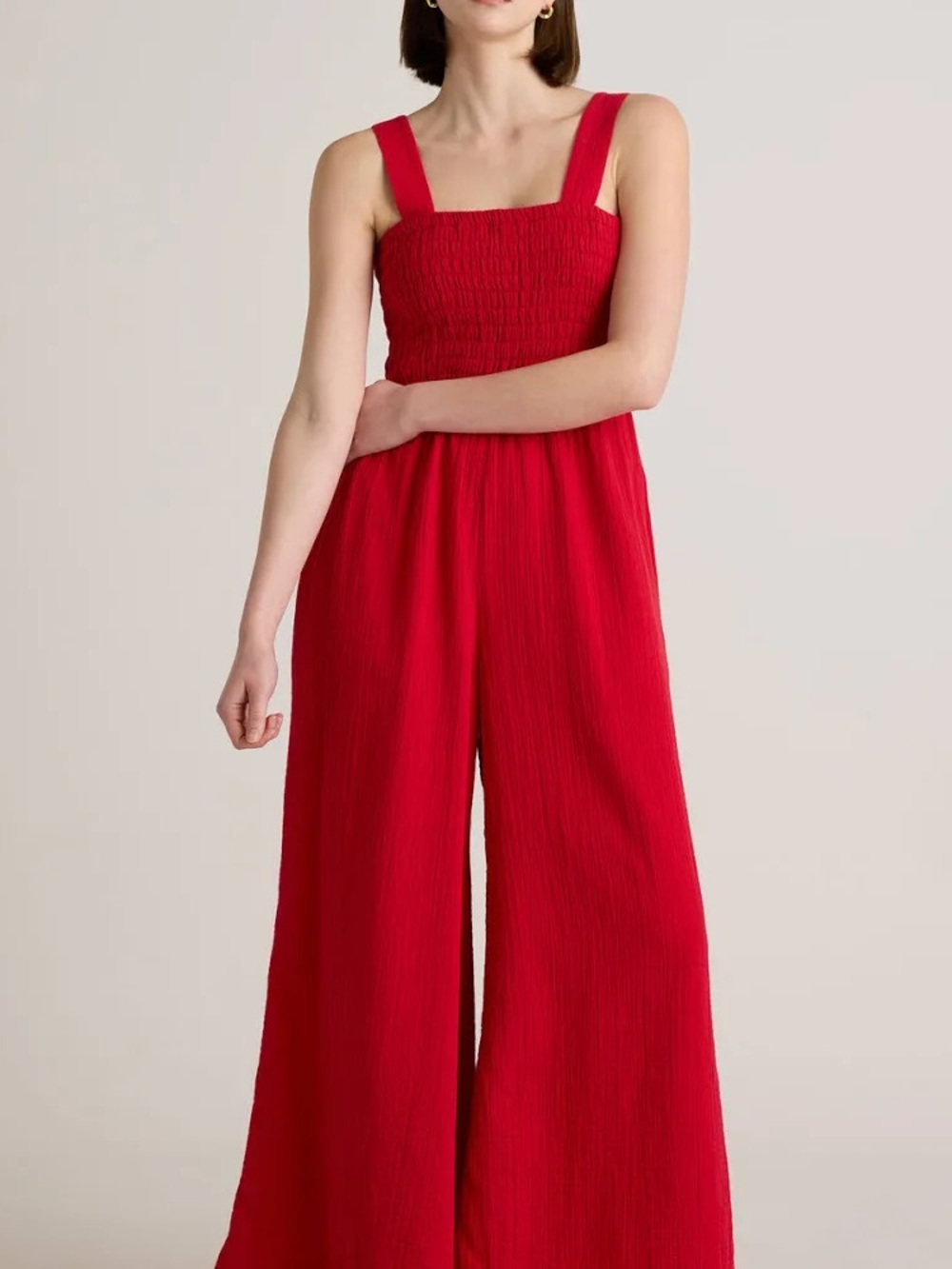 Quince Red Smocked Square-Neck Wide-Leg Jumpsuit